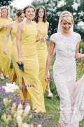Yellow Satin Sheath Bateau Floor Length Bridesmaid Dresses With Slit