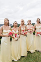 Yellow Satin Sheath Scoop Spaghetti Straps Long Bridesmaid Dresses