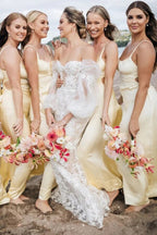Yellow Satin Sheath Scoop Spaghetti Straps Long Bridesmaid Dresses