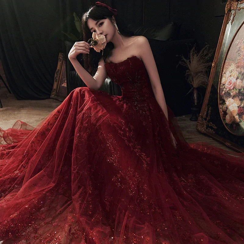 Wine Red Floral Lace and Tulle Long Evening Gown Party Dress Burgundy Formal Dresses Y1661