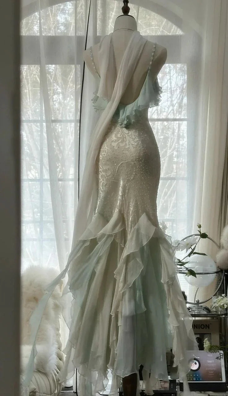 Classy Mint Green Temperament Mermaid Spaghetti Strap Chiffon Beaded Evening Dress Formal Prom Dress Y8546