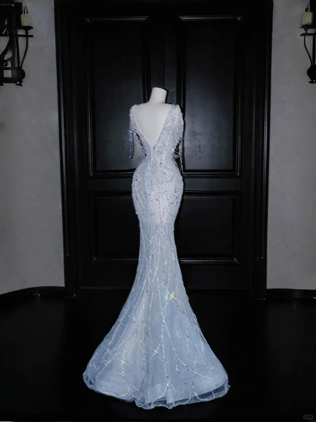 Dream Blue Tulle Beaded Chain V Neck Long Mermaid Prom Dress Evening Dress Y8665
