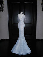 Dream Blue Tulle Beaded Chain V Neck Long Mermaid Prom Dress Evening Dress Y8665