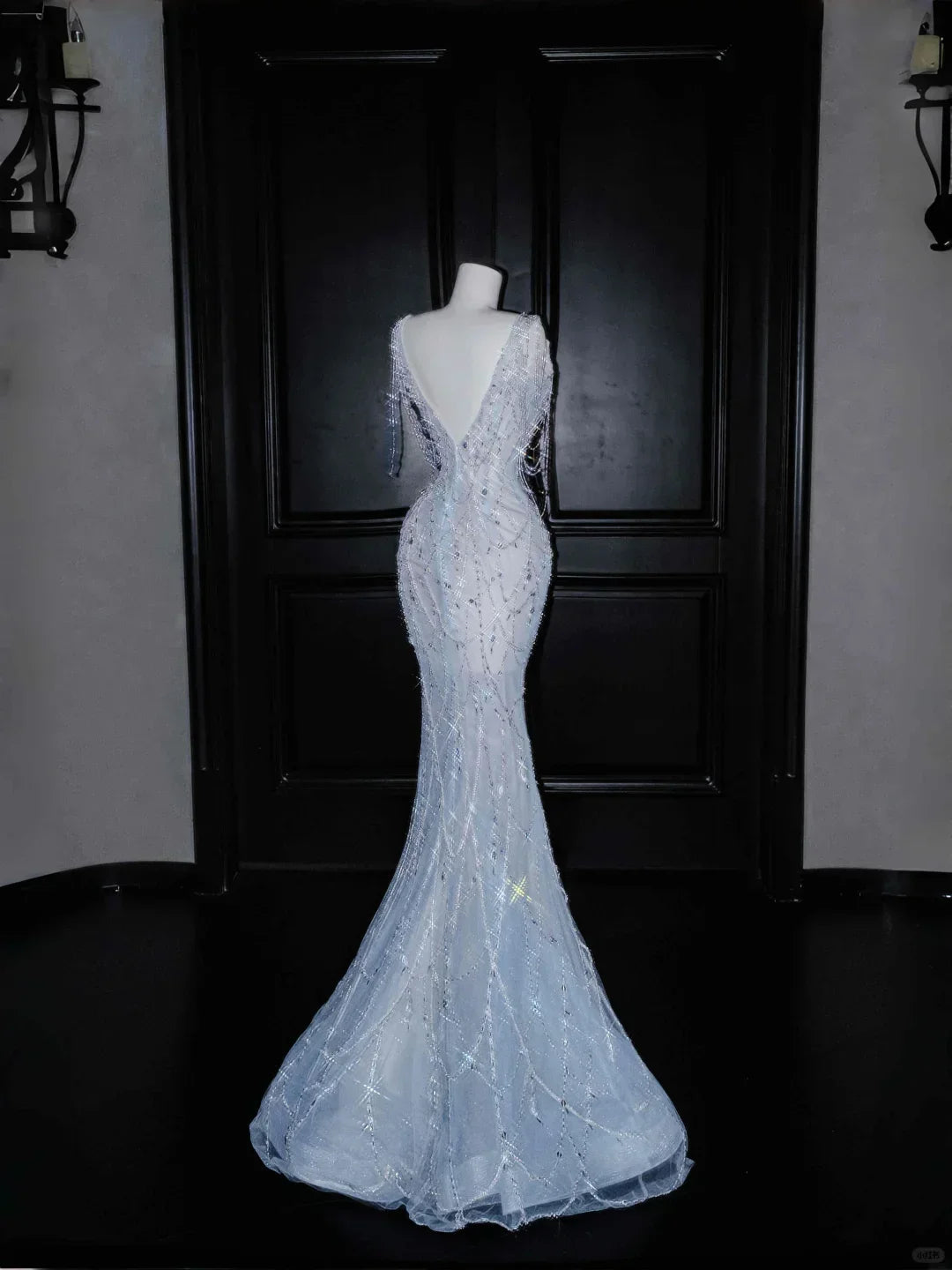 Dream Blue Tulle Beaded Chain V Neck Long Mermaid Prom Dress Evening Dress Y8665