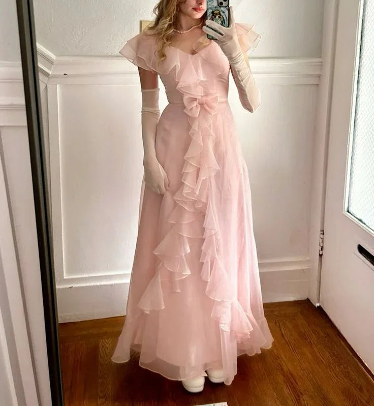 Classy Pink Chiffon Ruffle Evening Dress Formal A Line Prom Dress Y8435