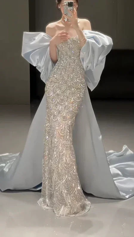 Sparkly Satin Beaded Mermaid Evening Dress Long Prom Dress With Bow Y8330