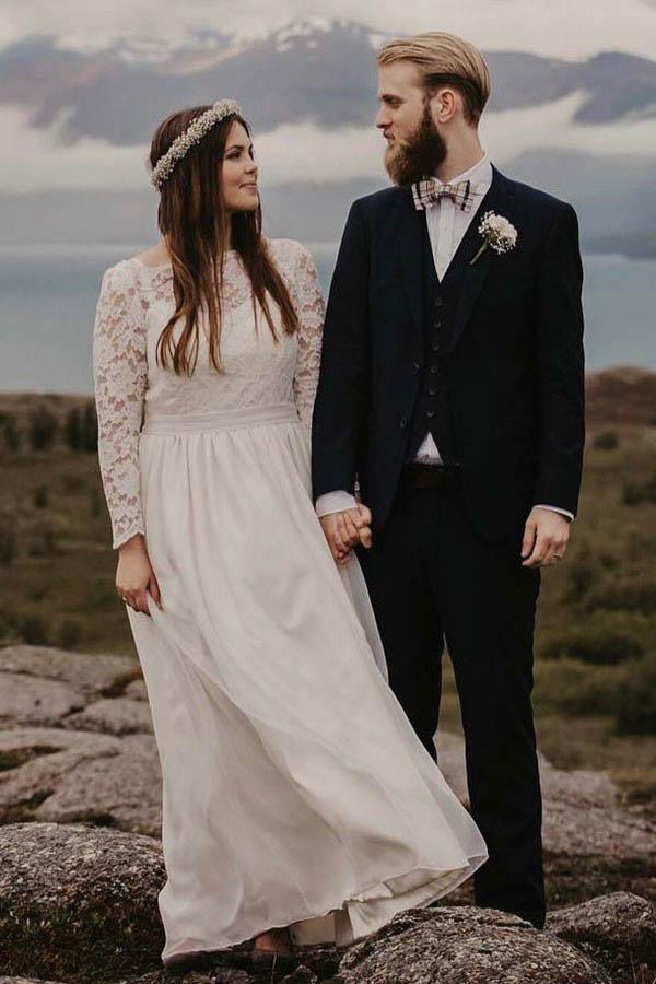 A-Line Bateau Floor Length Chiffon Wedding Dress with Long Sleeves
