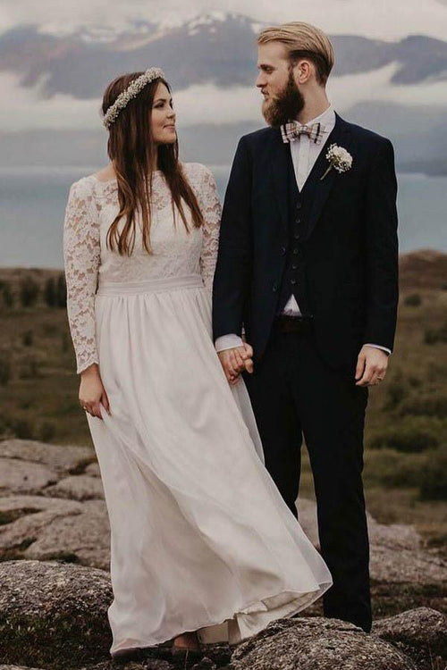 A-Line Bateau Floor Length Chiffon Wedding Dress with Long Sleeves