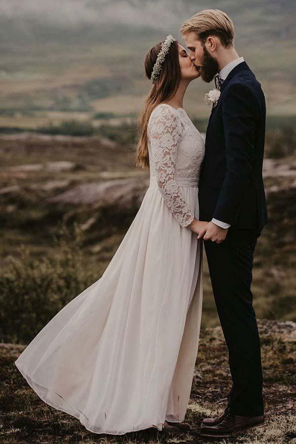 A-Line Bateau Floor Length Chiffon Wedding Dress with Long Sleeves