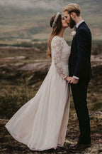 A-Line Bateau Floor Length Chiffon Wedding Dress with Long Sleeves