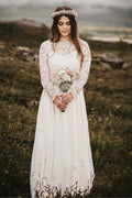 A-Line Bateau Floor Length Chiffon Wedding Dress with Long Sleeves
