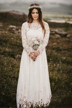 A-Line Bateau Floor Length Chiffon Wedding Dress with Long Sleeves