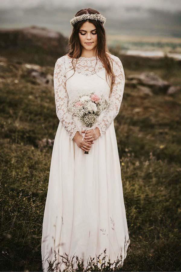 A-Line Bateau Floor Length Chiffon Wedding Dress with Long Sleeves