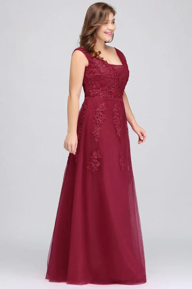 A-Line Bateau Long Plus size Sleeveless Evening Dresses with Appliques