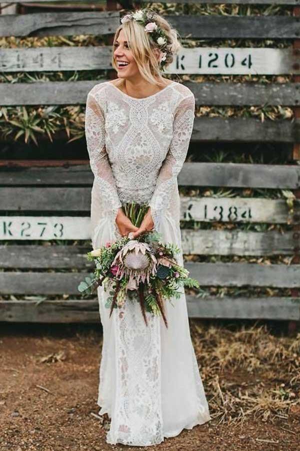 A-Line Bateau Long Sleeves Backless Chiffon Wedding Dress with Lace