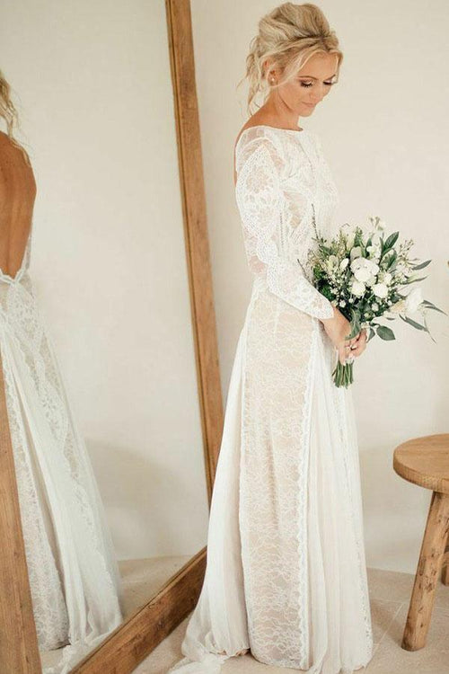 A-Line Bateau Long Sleeves Backless Chiffon Wedding Dress with Lace