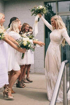 A-Line Bateau Long Sleeves Ivory Tulle Wedding Dress with Appliques