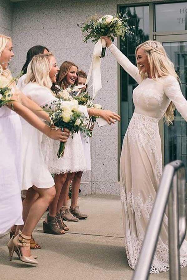 A-Line Bateau Long Sleeves Ivory Tulle Wedding Dress with Appliques