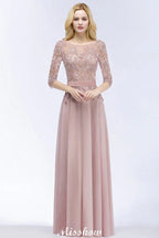 A-line Chiffon Appliques Bridesmaid Dresses Jewel Half-Sleeves Floor-Length Evening Gown with Sash