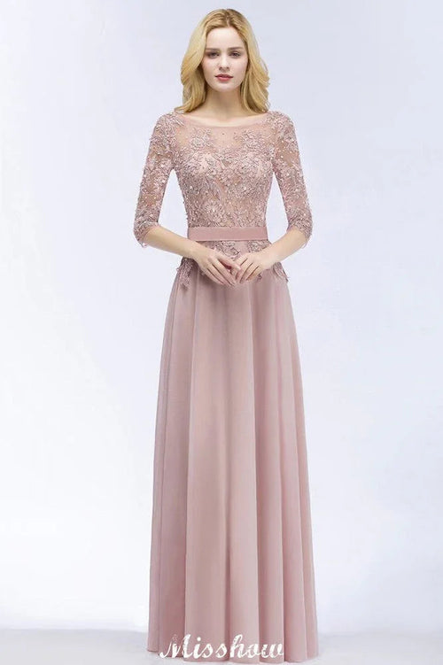 A-line Chiffon Appliques Bridesmaid Dresses Jewel Half-Sleeves Floor-Length Evening Gown with Sash