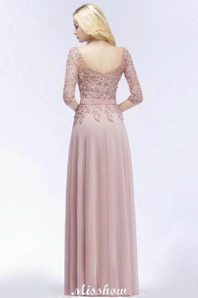 A-line Chiffon Appliques Bridesmaid Dresses Jewel Half-Sleeves Floor-Length Evening Gown with Sash