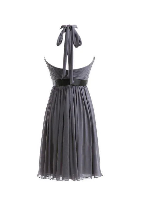 A-line Chiffon Halter Ruched Sash High Low Bridesmaid Dresses BD016