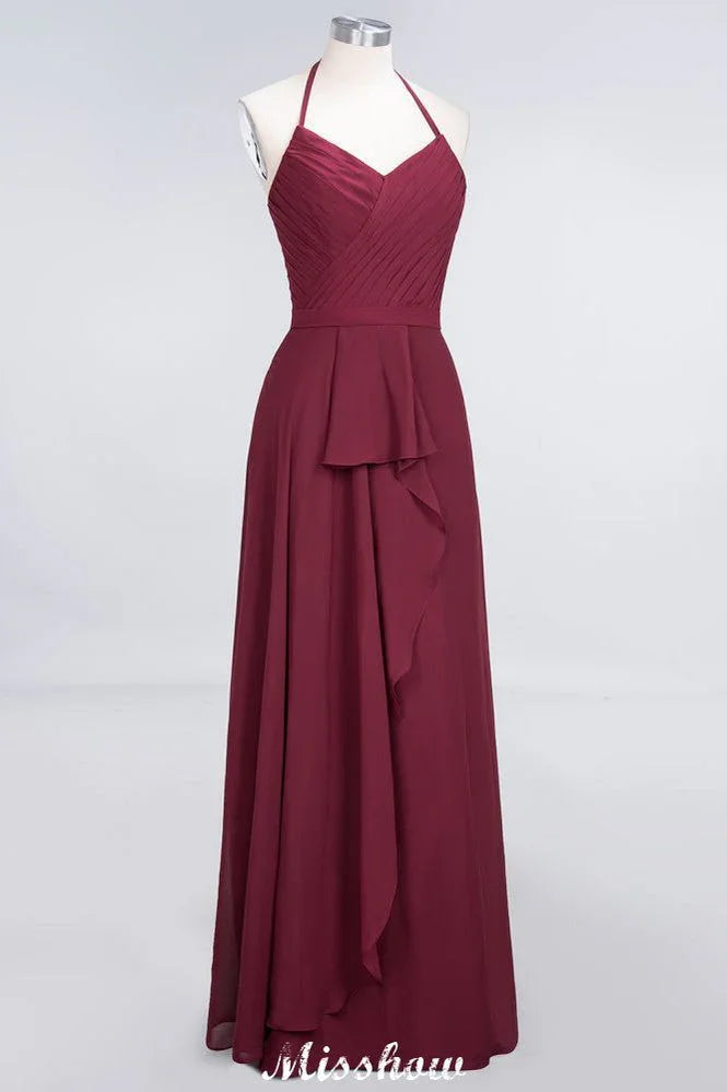 A-Line Chiffon Halter V-Neck Sleeveless Floor-Length Bridesmaid Dress with Ruffle
