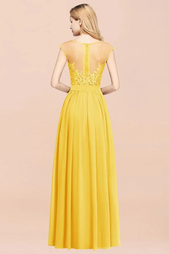 A-line Chiffon Lace Jewel Sleeveless Floor-Length Bridesmaid Dresses with Appliques
