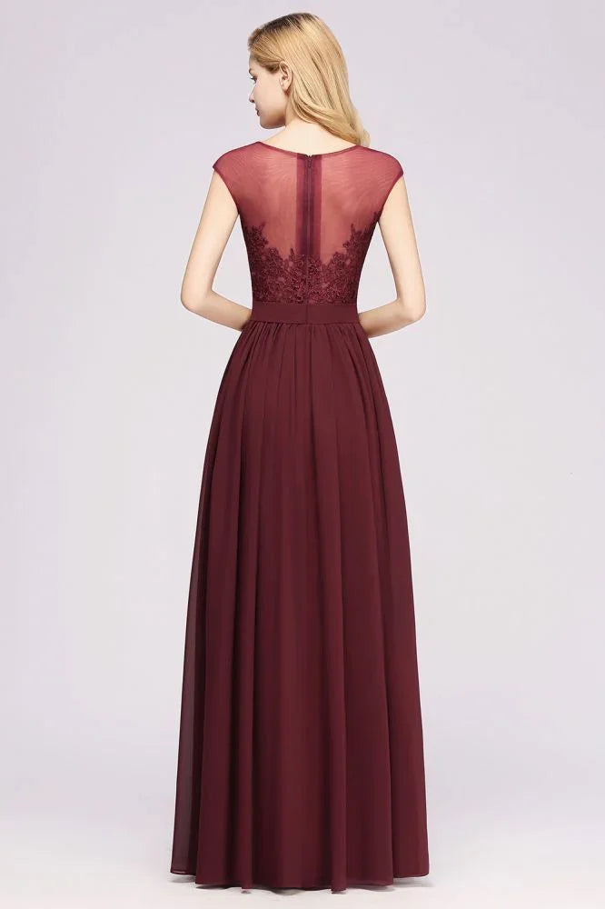 A-line Chiffon Lace Jewel Sleeveless Floor-Length Bridesmaid Dresses with Appliques