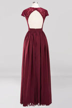 A-line Chiffon Lace V-Neck Sleeveless Floor-Length Bridesmaid Dresses with Ruffles