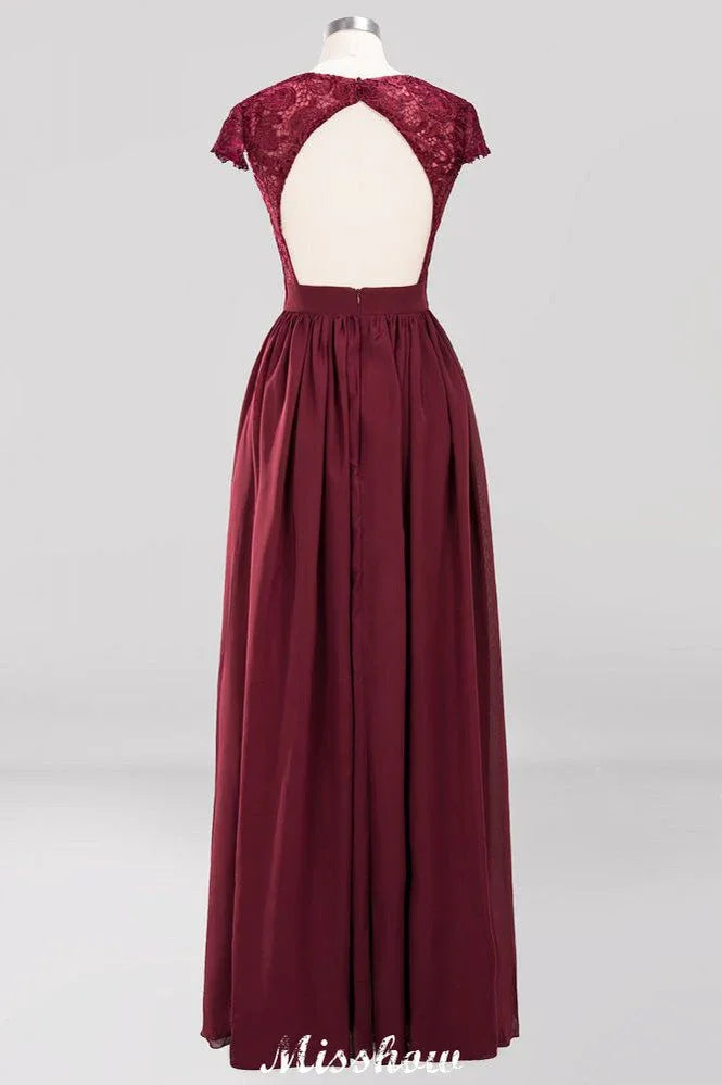 A-line Chiffon Lace V-Neck Sleeveless Floor-Length Bridesmaid Dresses with Ruffles