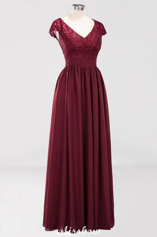 A-line Chiffon Lace V-Neck Sleeveless Floor-Length Bridesmaid Dresses with Ruffles