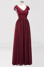 A-line Chiffon Lace V-Neck Sleeveless Floor-Length Bridesmaid Dresses with Ruffles