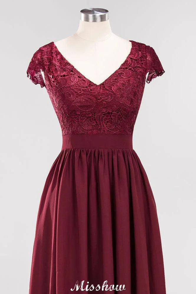 A-line Chiffon Lace V-Neck Sleeveless Floor-Length Bridesmaid Dresses with Ruffles