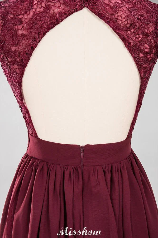 A-line Chiffon Lace V-Neck Sleeveless Floor-Length Bridesmaid Dresses with Ruffles