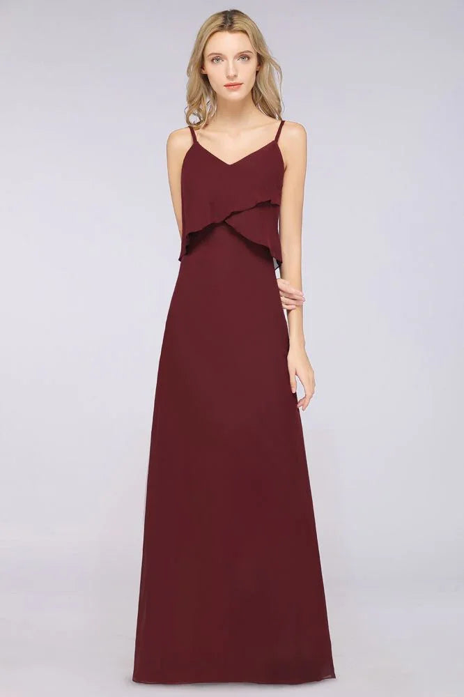 A-Line Chiffon Spaghetti V-Neck Bridesmaid Dress Sleeveless Maid of Honor Dress