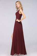 A-Line Chiffon V-Neck Sleeveless Bridesmaid Dress Floor-Length Ruffles Side Split Evening Gown