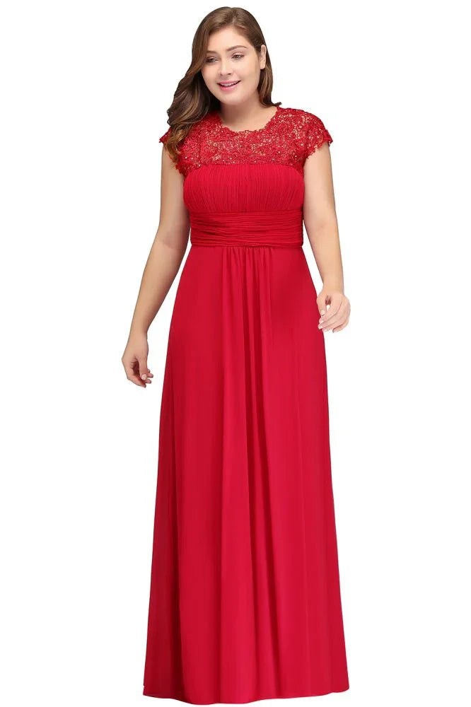 A-Line Crew Floor length Plus size Cap sleeves Lace Chiffon Evening Dresses with Appliques