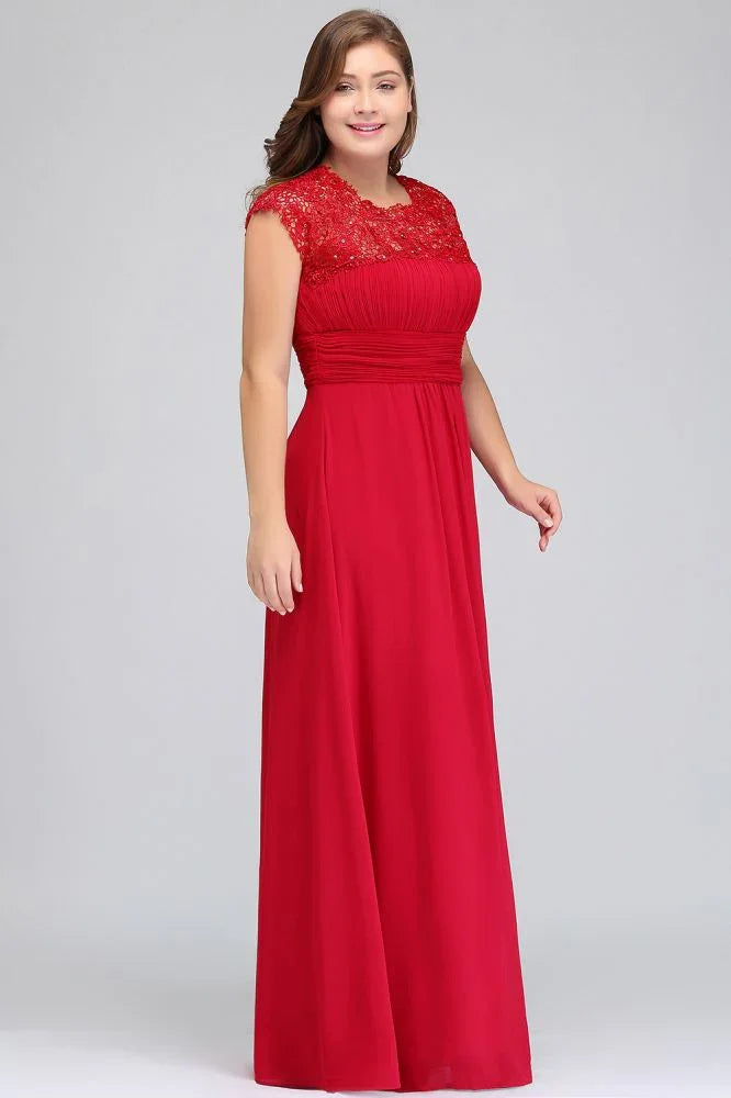 A-Line Crew Floor length Plus size Cap sleeves Lace Chiffon Evening Dresses with Appliques