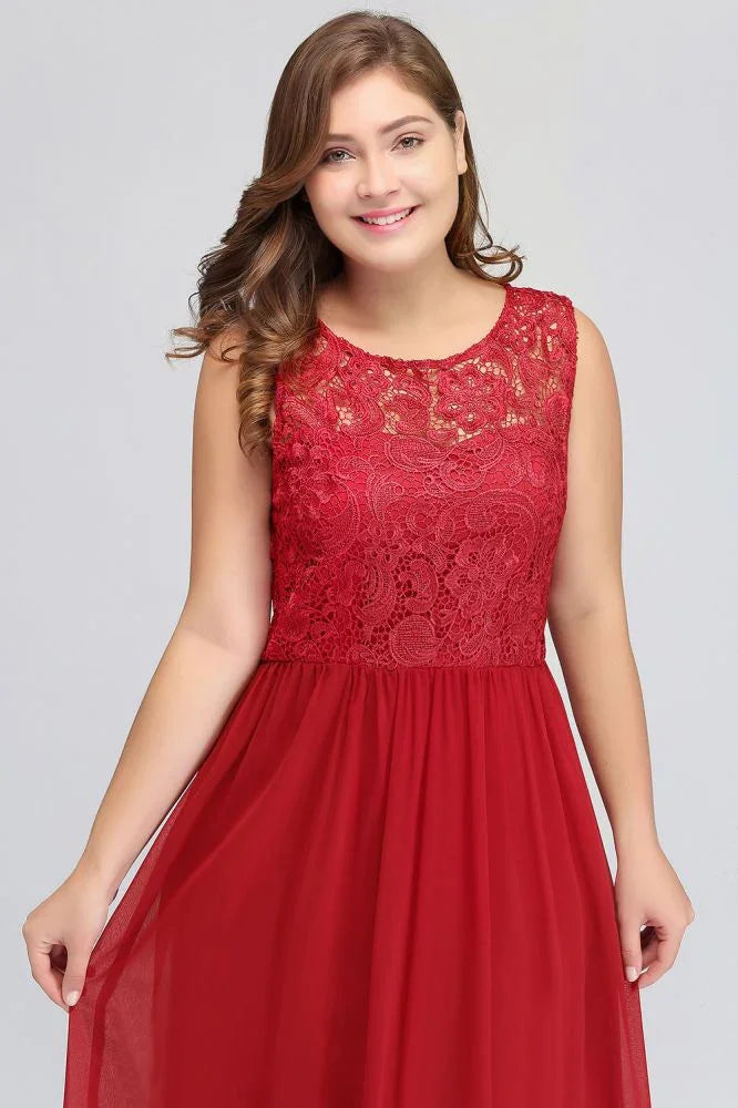 A-Line Crew Floor Length Sleeveless Plus size Lace Chiffon Evening Dresses