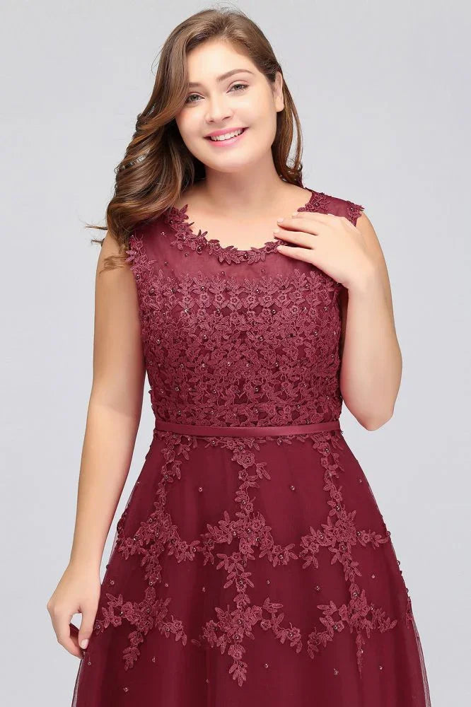A-Line Crew Floor Length Sleeveless Plus size Tulle Appliqued Evening Dresses with Crystals