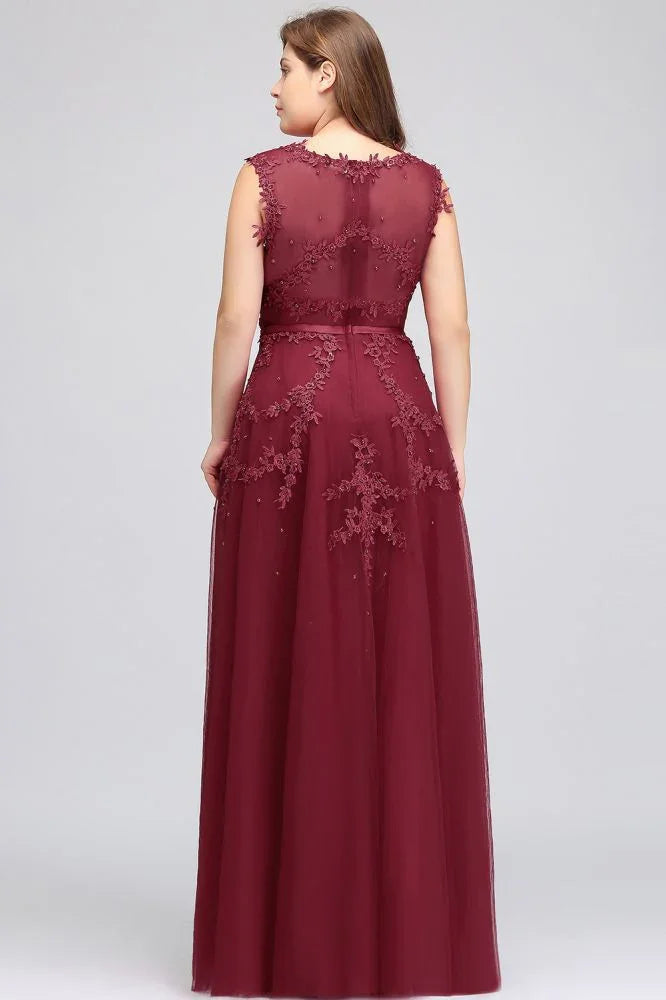 A-Line Crew Floor Length Sleeveless Plus size Tulle Appliqued Evening Dresses with Crystals