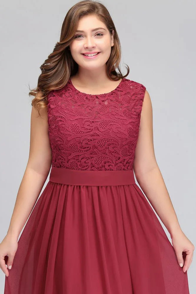 A-Line Crew Long Plus size Sleeveless Lace Chiffon Evening Dresses with Sash