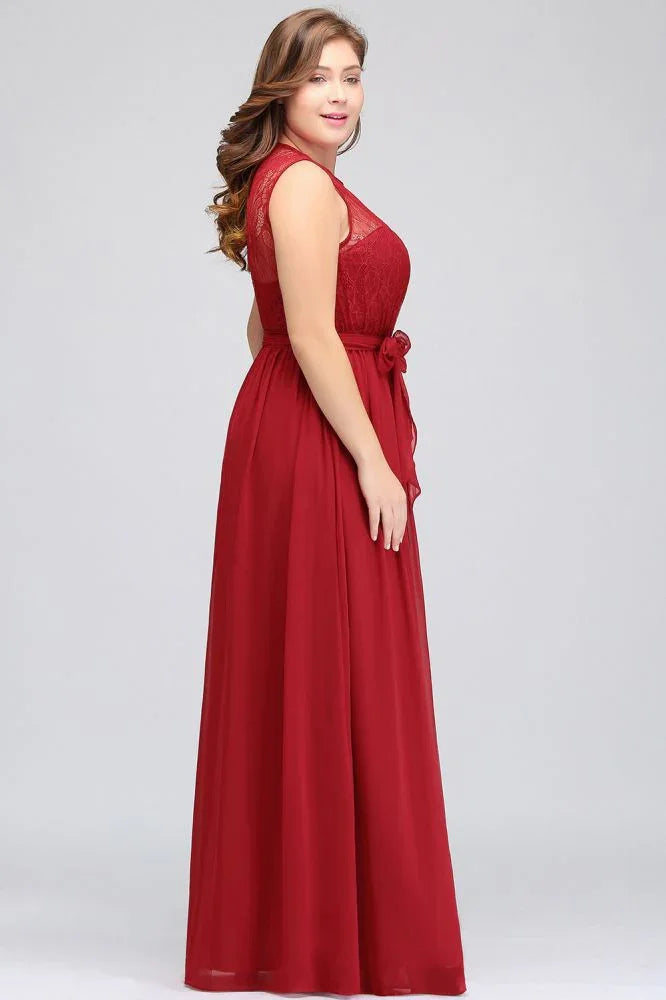 A-Line Crew Long Sleeveless Plus size Chiffon Evening Dresses with Ruffles Bow