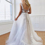 A Line Deep V-Neck Backless White Wedding Dress With Appliques