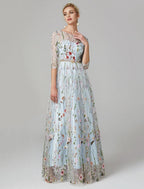 Sunnderly A-Line Evening Gown Party Dress Floral Dress Holiday Wedding Guest Floor Length 3/4 Length Sleeve Illusion Neck Lace with Embroidery