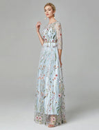 Sunnderly A-Line Evening Gown Party Dress Floral Dress Holiday Wedding Guest Floor Length 3/4 Length Sleeve Illusion Neck Lace with Embroidery