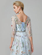 Sunnderly A-Line Evening Gown Party Dress Floral Dress Holiday Wedding Guest Floor Length 3/4 Length Sleeve Illusion Neck Lace with Embroidery
