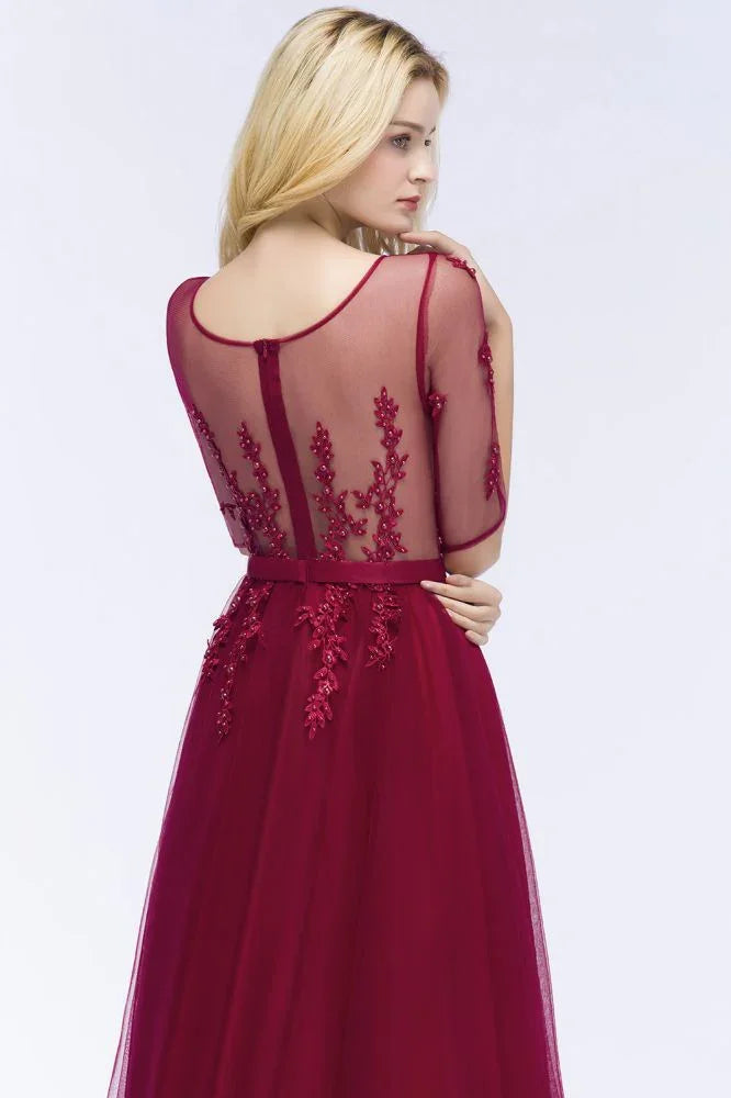 A-line Floor Length Appliques Tulle Bridesmaid Dress Half Sleeve Evening Dress