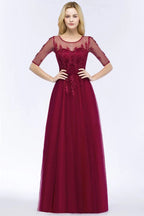 A-line Floor Length Appliques Tulle Bridesmaid Dress Half Sleeve Evening Dress